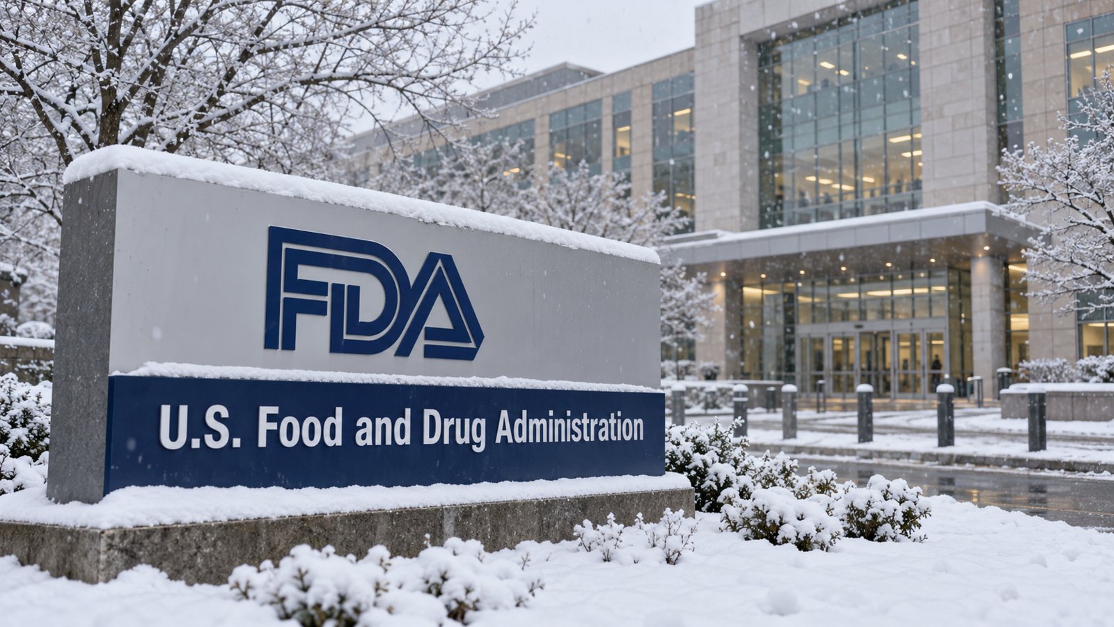 The U.S. Food and Drug Administration sign outside its headquarters in the snow.