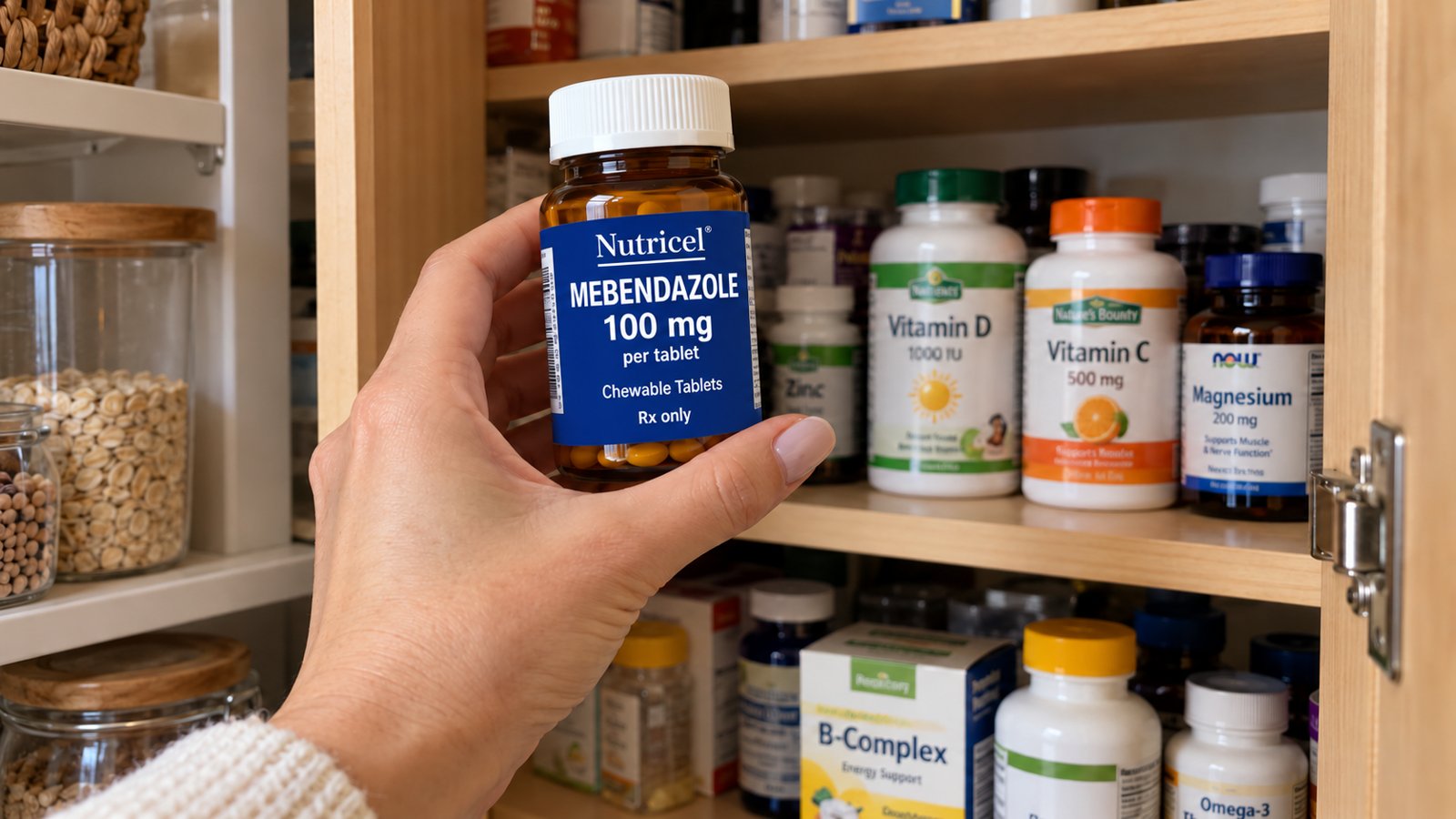 A hand holding a bottle of mebendazole 100 mg tablets in front of a cabinet of vitamins and supplements.