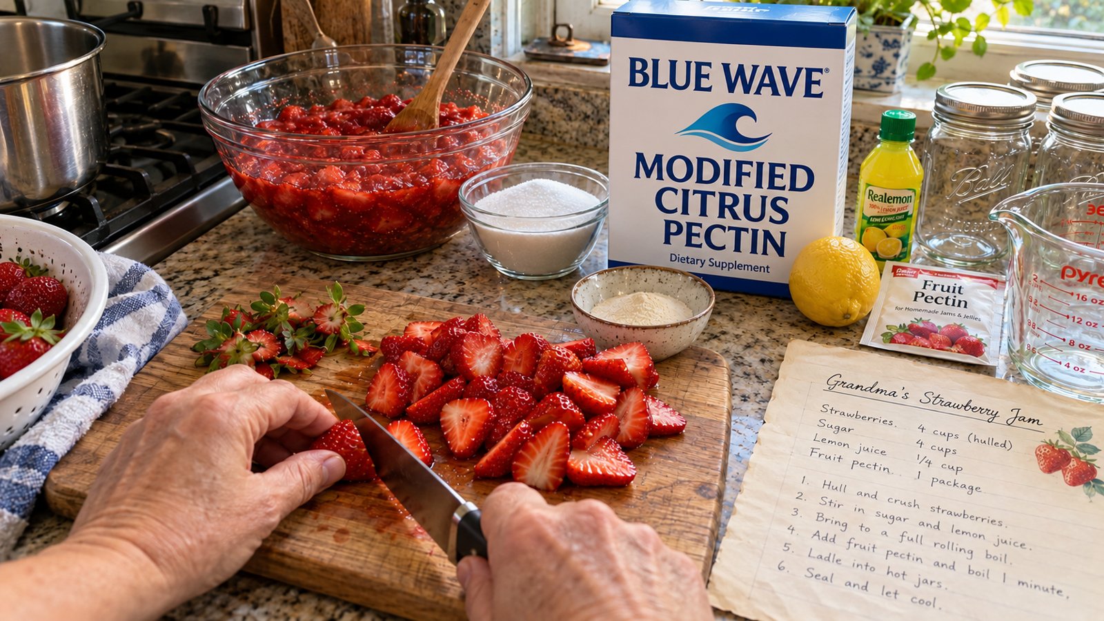 A box of modified citrus pectin on a kitchen counter beside strawberries being sliced for homemade jam.