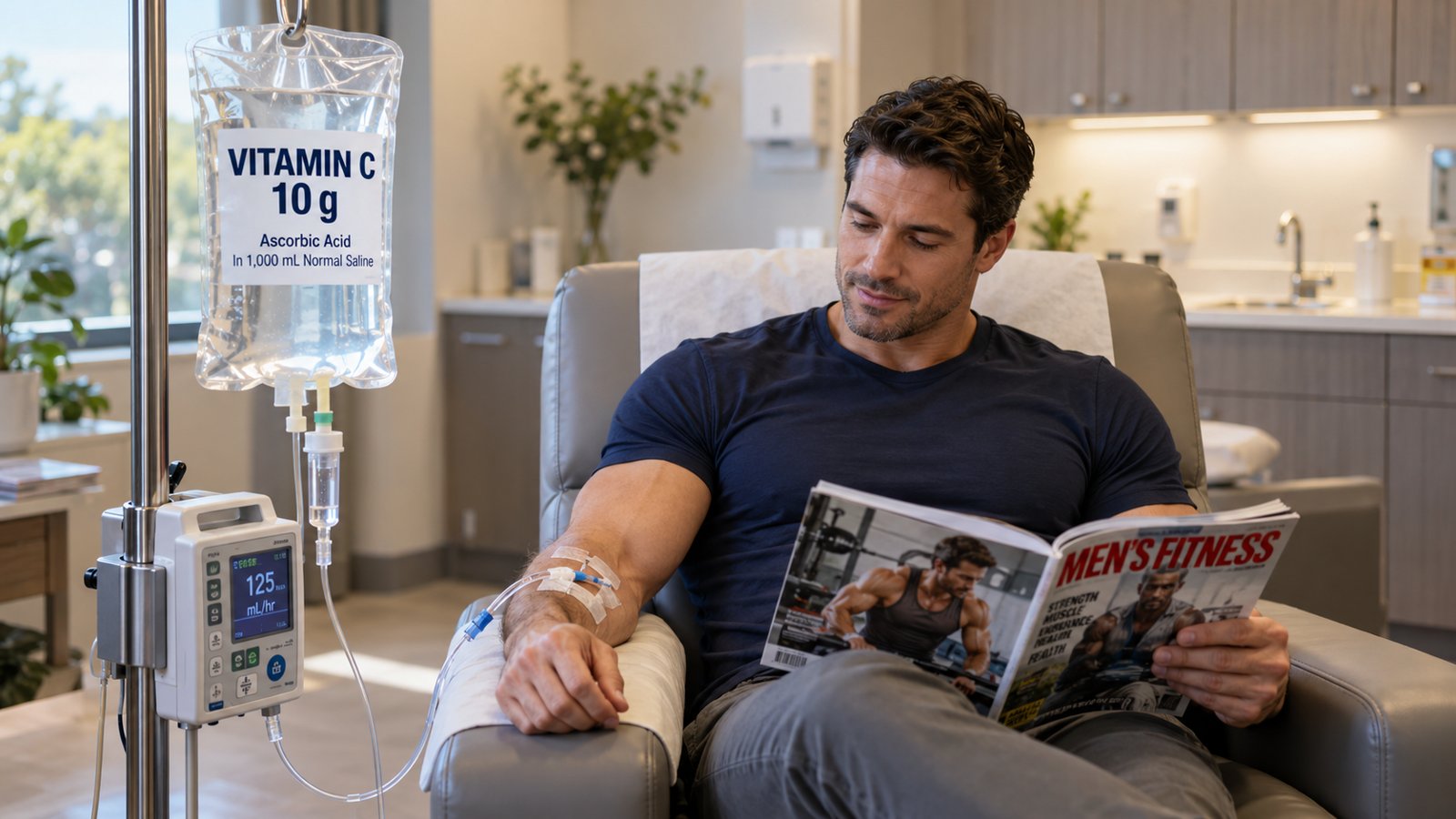 A man reading a magazine in a clinic chair while receiving an intravenous vitamin C infusion.