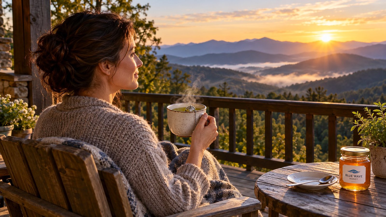 A woman holding a steaming cup of tea on a porch overlooking mountains at sunrise.