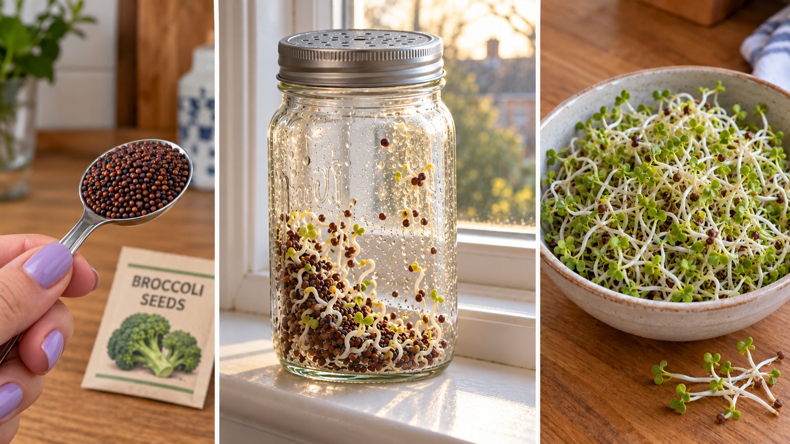 Three panels showing broccoli seeds on a spoon, seeds sprouting in a jar on a windowsill, and a bowl of broccoli sprouts.