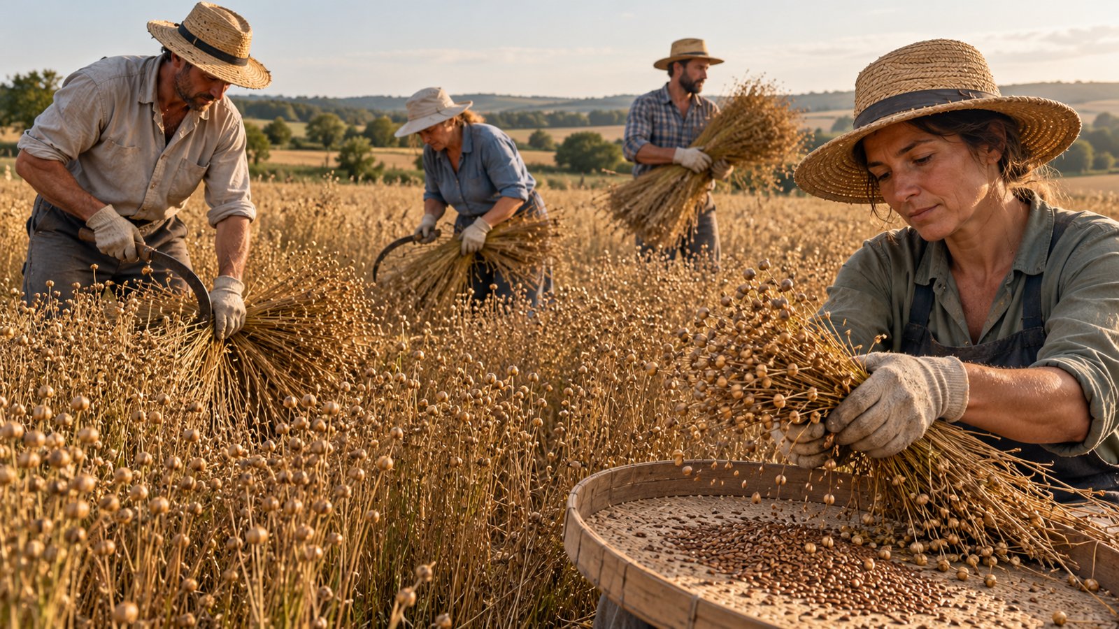 Farm workers in straw hats harvesting and bundling flax by hand in a golden field.
