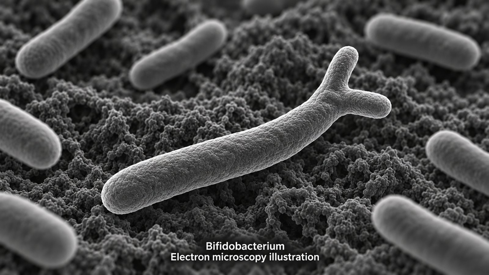 Electron microscopy illustration of rod-shaped Bifidobacterium bacteria.