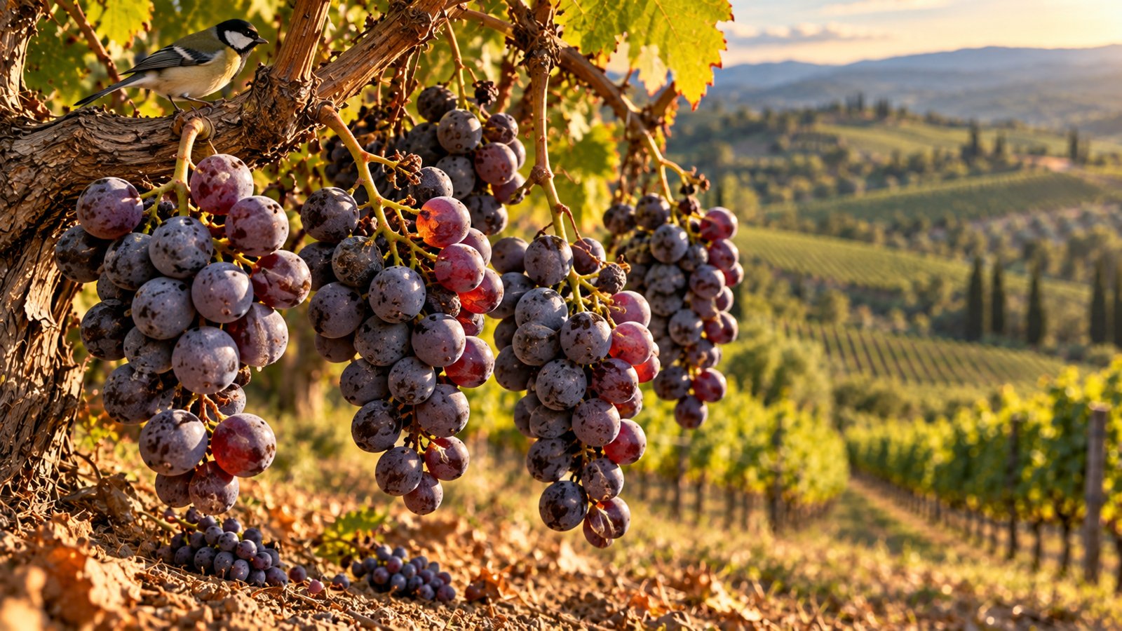 Clusters of dark purple grapes hanging on an old vine above a hillside vineyard.