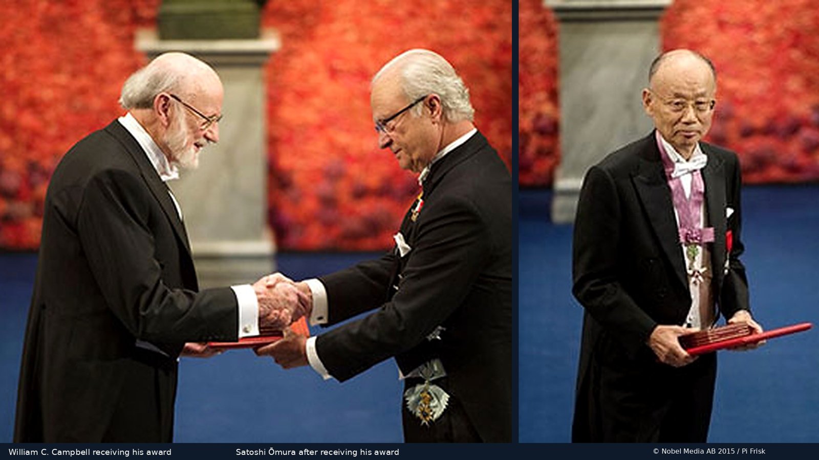 William C. Campbell receiving his Nobel Prize, and Satoshi Ōmura after receiving his award.