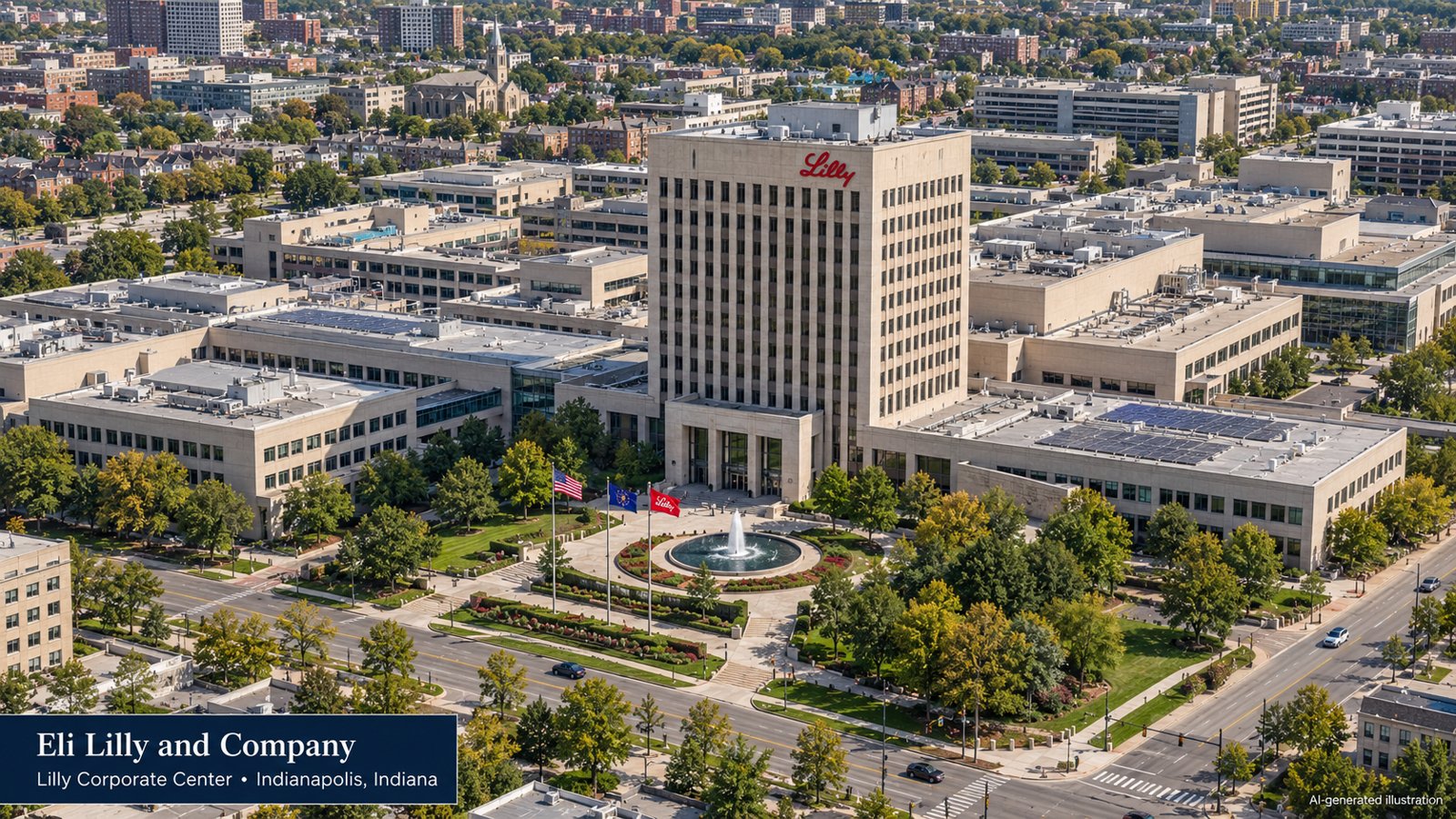Aerial view of the Eli Lilly and Company corporate center in Indianapolis, Indiana.